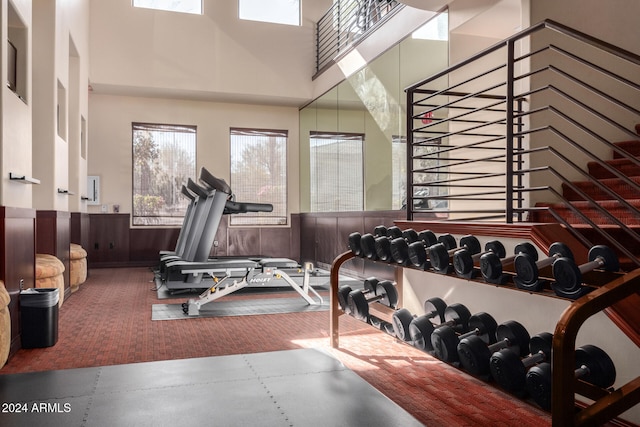 exercise room featuring a towering ceiling, carpet floors, and wooden walls