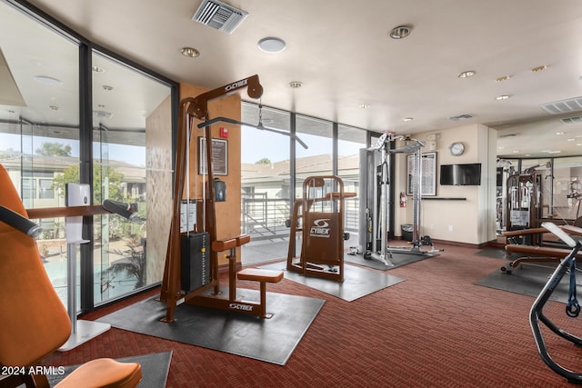 workout area with dark carpet, floor to ceiling windows, and a healthy amount of sunlight