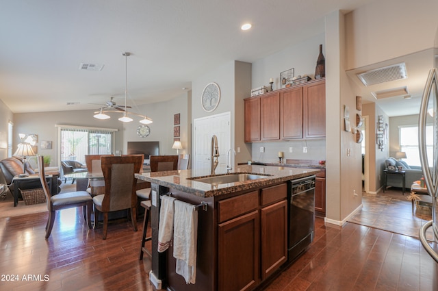 kitchen with sink, decorative light fixtures, a kitchen island with sink, dark wood-type flooring, and black dishwasher