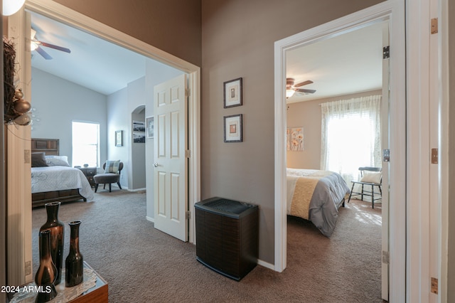 hall featuring lofted ceiling and carpet floors