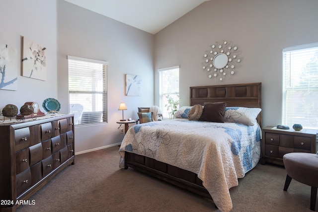 bedroom featuring dark carpet and high vaulted ceiling