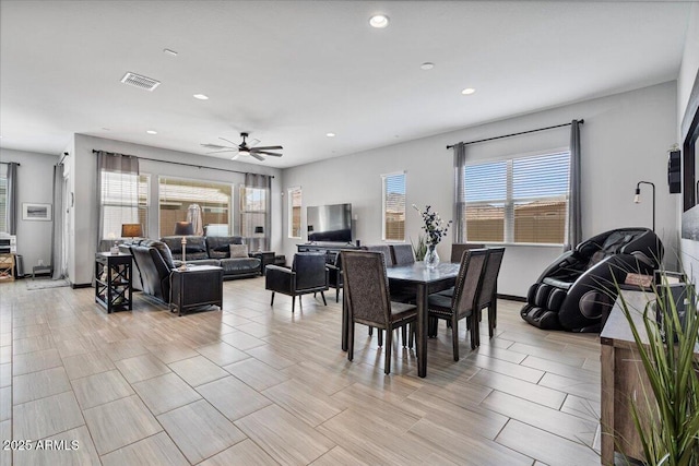 dining area featuring recessed lighting and a ceiling fan