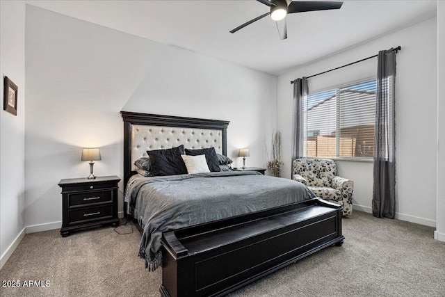 bedroom featuring carpet flooring, baseboards, and ceiling fan
