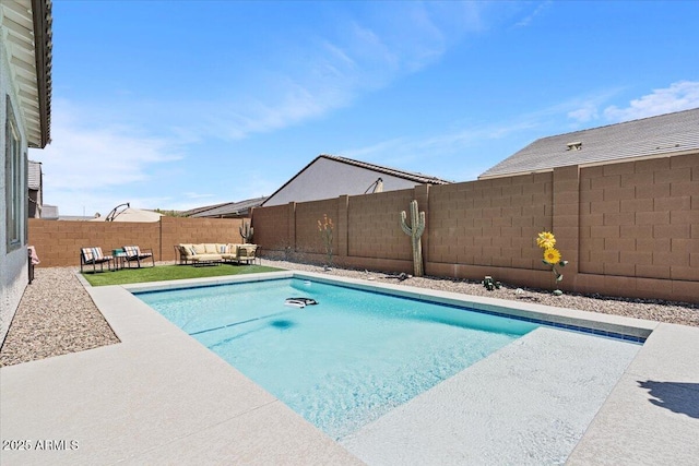 view of pool featuring an outdoor hangout area, a fenced backyard, and a patio