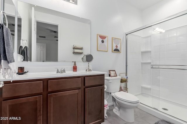 bathroom with tile patterned floors, vanity, toilet, and a shower stall