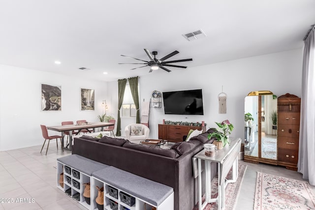 living room featuring recessed lighting, visible vents, ceiling fan, and light tile patterned flooring