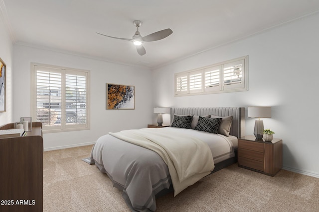 carpeted bedroom featuring multiple windows, ornamental molding, and ceiling fan