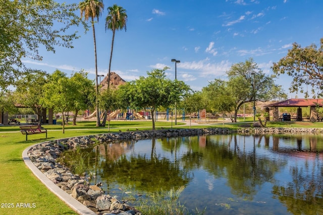 property view of water with a gazebo