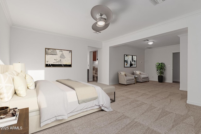 carpeted bedroom featuring ornamental molding