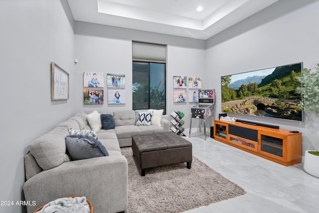 living room featuring a raised ceiling