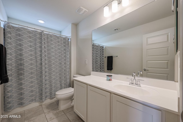 full bathroom featuring visible vents, toilet, tile patterned flooring, and vanity