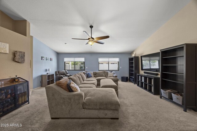 843 E Vera Ln, Tempe, AZ 85284 - carpeted living room with a ceiling fan and vaulted ceiling