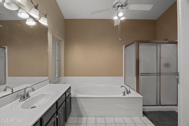843 E Vera Ln, Tempe, AZ 85284 - bathroom featuring tile patterned flooring, ceiling fan, a bath, and a stall shower