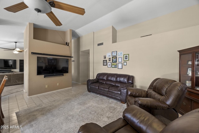 843 E Vera Ln, Tempe, AZ 85284 - tiled living room featuring a ceiling fan and lofted ceiling