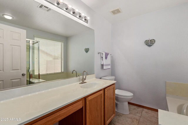full bath with toilet, vanity, tile patterned floors, and visible vents