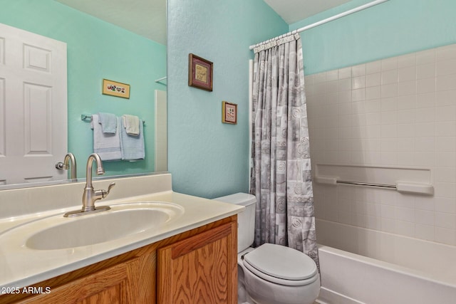 bathroom with shower / tub combo, toilet, and vanity