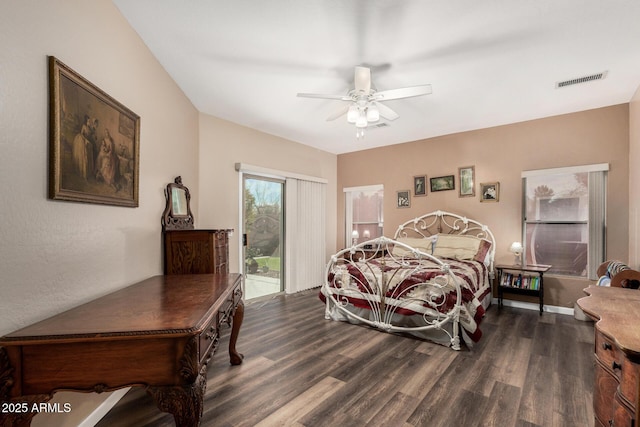 bedroom with dark wood-style floors, access to outside, visible vents, and ceiling fan