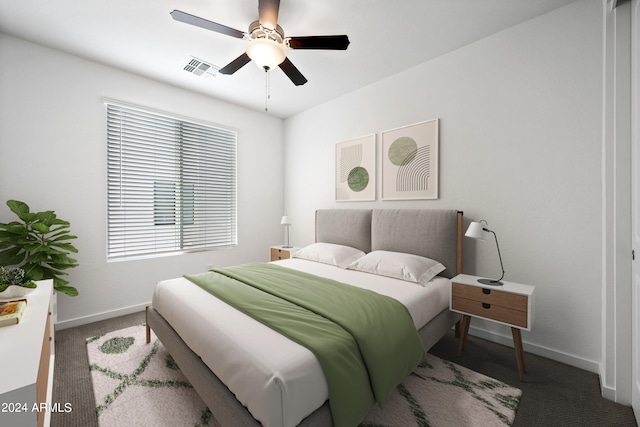 carpeted bedroom with ceiling fan, visible vents, and baseboards