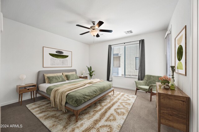 bedroom featuring ceiling fan, baseboards, visible vents, and carpet