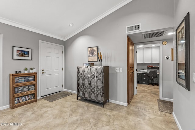 hall featuring light tile patterned flooring and ornamental molding