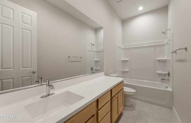 full bathroom with  shower combination, vanity, toilet, and tile patterned floors