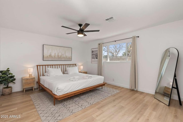 bedroom featuring ceiling fan and light wood-type flooring