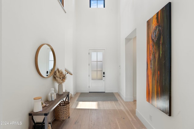 entrance foyer with a towering ceiling and light hardwood / wood-style flooring