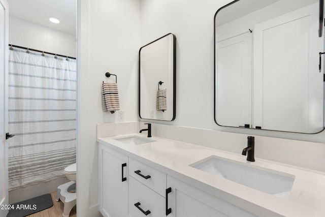 bathroom with vanity, a shower with shower curtain, and toilet