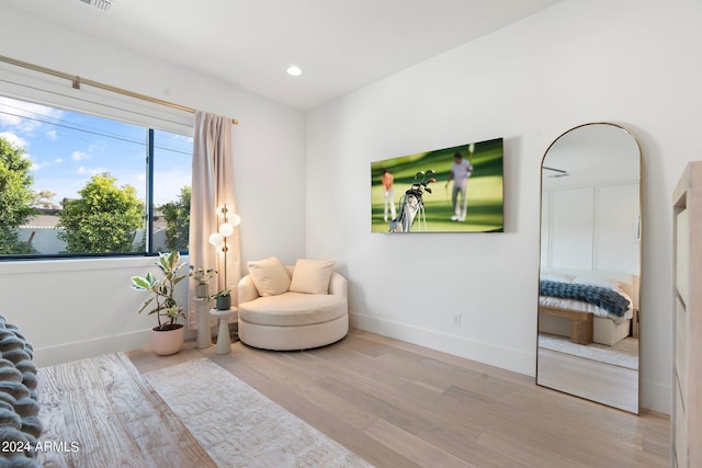 living area with light hardwood / wood-style flooring