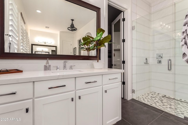 3990 E Iris Dr, Chandler, AZ 85286 - bathroom featuring a shower stall, vanity, and tile patterned flooring