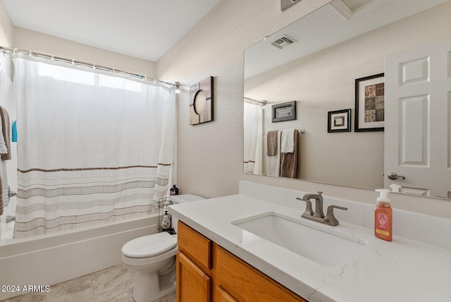 full bathroom featuring vanity, toilet, and shower / bathtub combination with curtain