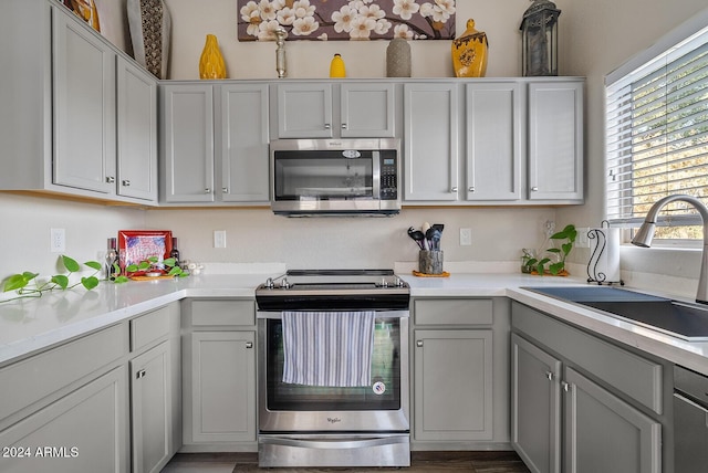 kitchen with gray cabinetry, sink, stainless steel appliances, and hardwood / wood-style floors