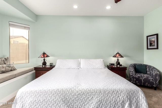 bedroom featuring recessed lighting and carpet