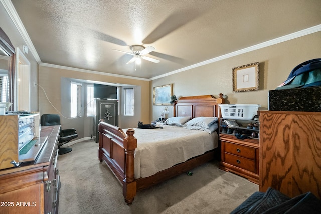 carpeted bedroom with ceiling fan, crown molding, and a textured ceiling