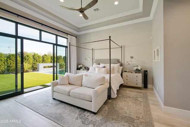 bedroom featuring baseboards, visible vents, access to exterior, and crown molding