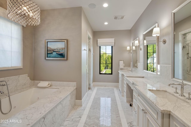 bathroom featuring recessed lighting, vanity, visible vents, a jetted tub, and a shower stall