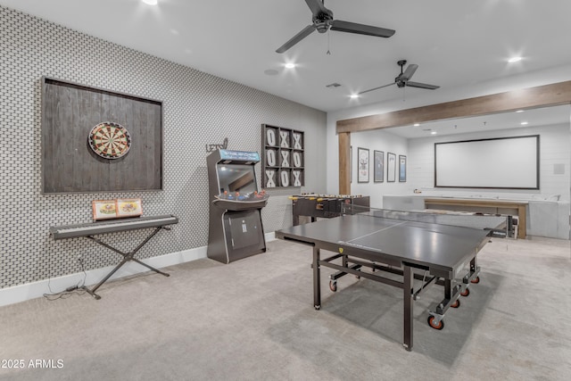 recreation room with recessed lighting, light carpet, visible vents, baseboards, and wallpapered walls