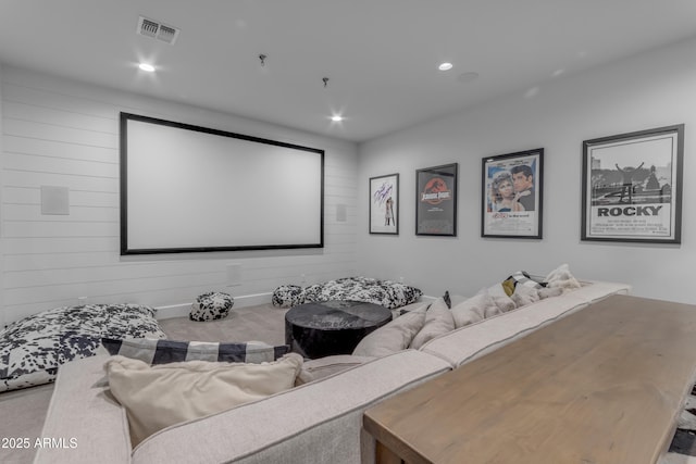 home theater featuring baseboards, visible vents, and recessed lighting