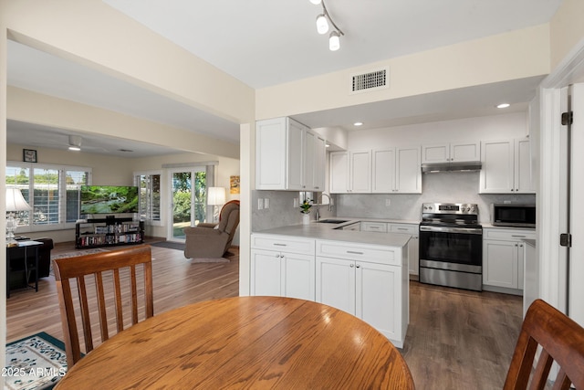 kitchen with visible vents, a sink, under cabinet range hood, open floor plan, and appliances with stainless steel finishes