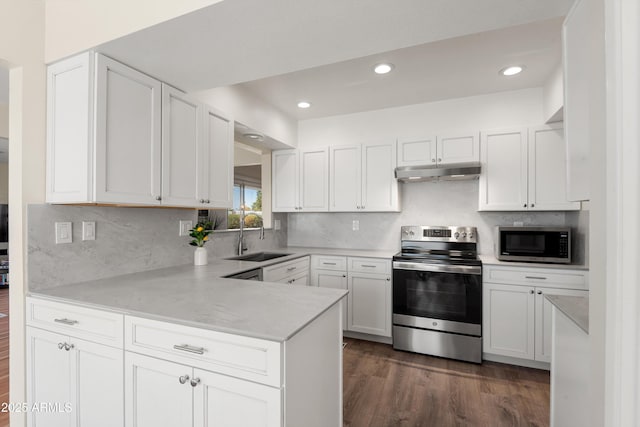 kitchen with under cabinet range hood, light countertops, a peninsula, stainless steel appliances, and a sink