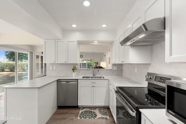 kitchen with range hood, appliances with stainless steel finishes, a peninsula, white cabinets, and a sink