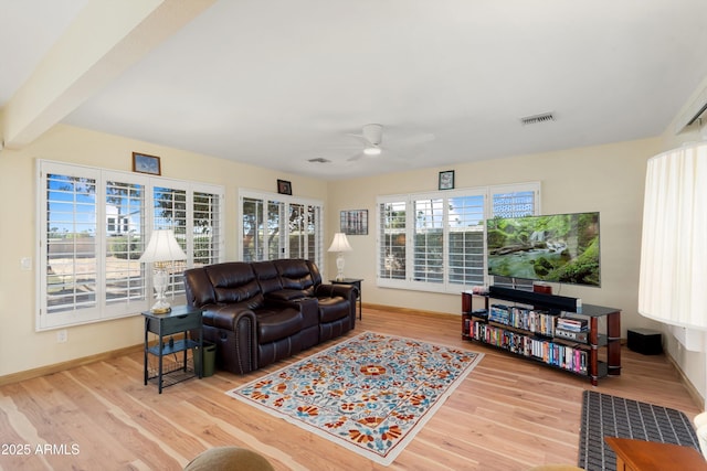 living area with beam ceiling, visible vents, baseboards, and wood finished floors