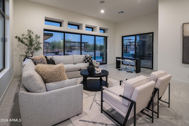 living room featuring a water view