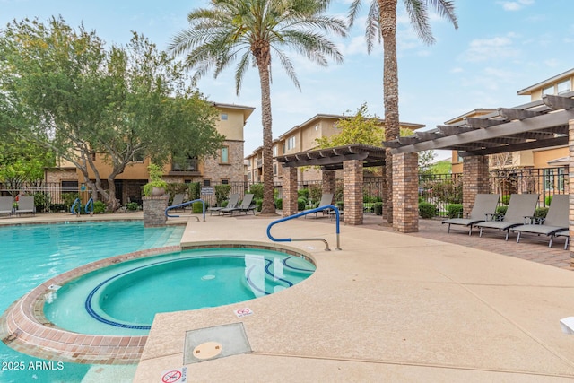 community pool with fence, a pergola, a community hot tub, and a patio area