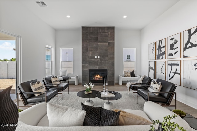 living room featuring a fireplace and wood-type flooring