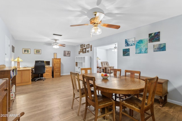 dining area with ceiling fan and light wood-type flooring