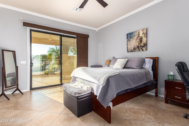 bedroom featuring ornamental molding, access to exterior, ceiling fan, and light tile patterned flooring