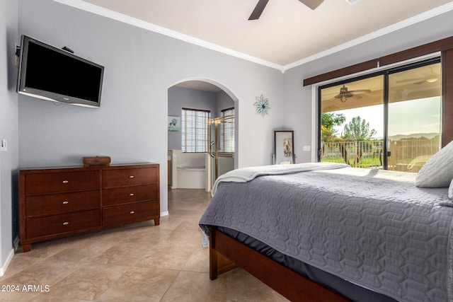 bedroom with ceiling fan, crown molding, and access to exterior