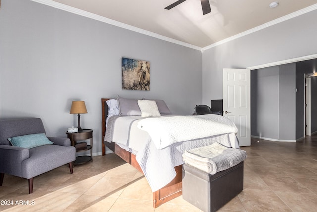 bedroom featuring ceiling fan, ornamental molding, and tile patterned floors