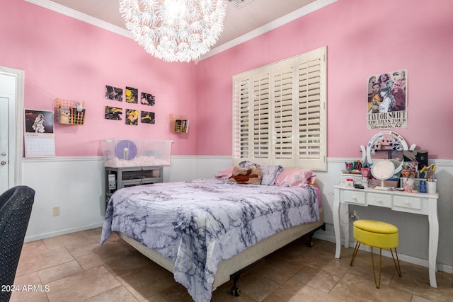 tiled bedroom with crown molding and a notable chandelier